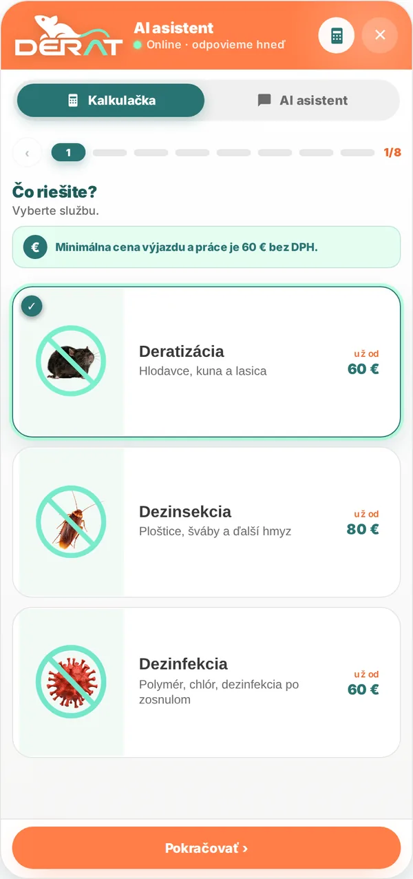 Kalkulačka DERAT: výber medzi deratizáciou, dezinsekciou a dezinfekciou