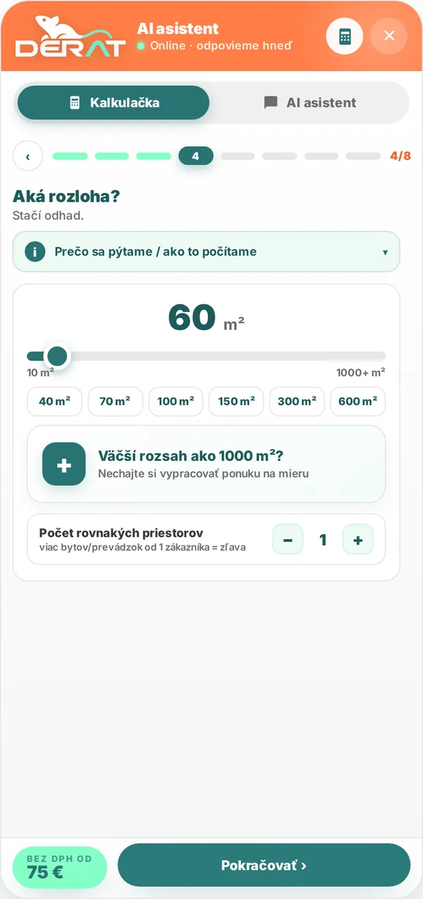 Kalkulačka DERAT: posuvník rozlohy v metroch štvorcových a cena bez DPH