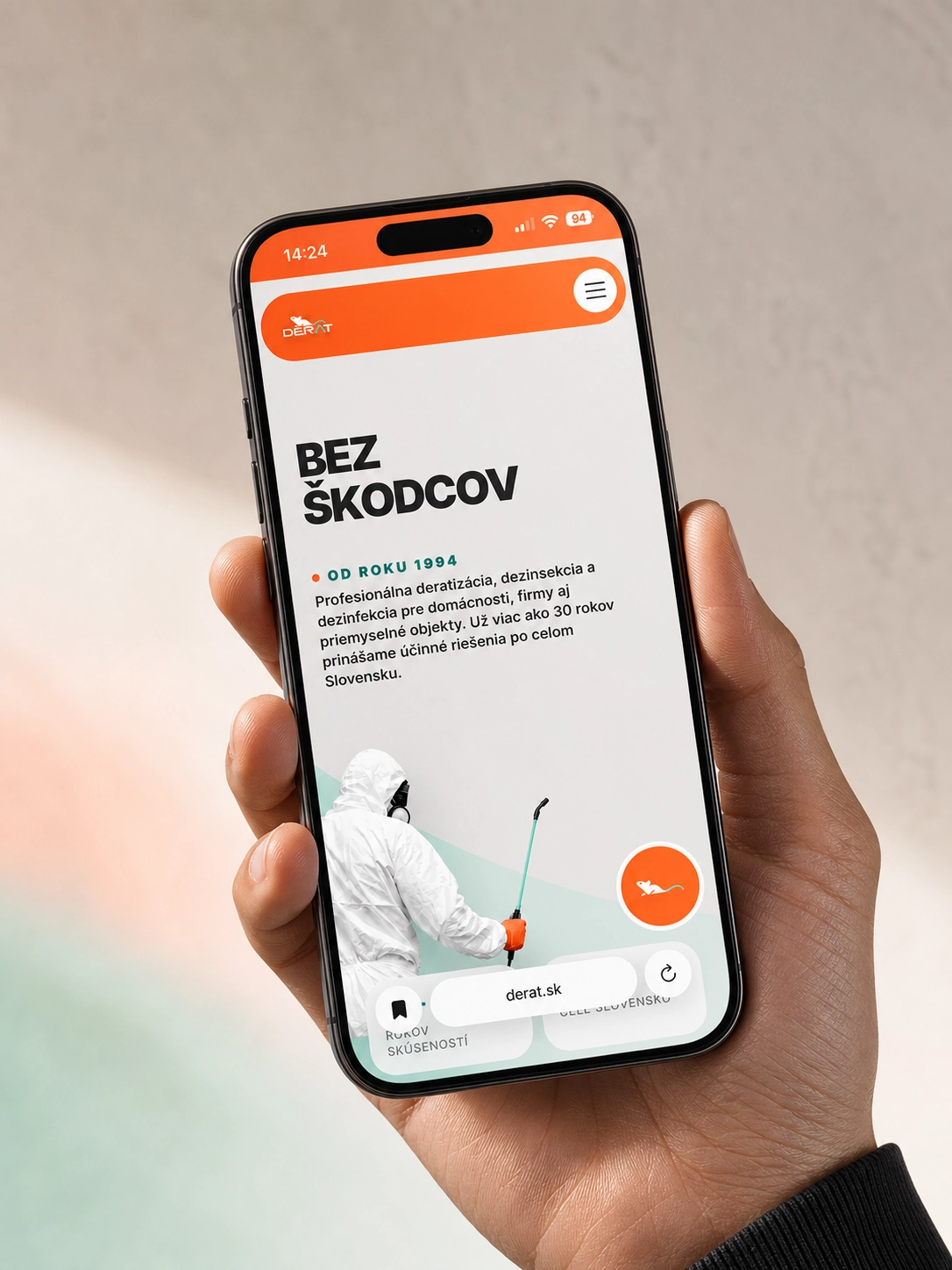 Mobilná ukážka domovskej stránky DERAT s úvodom Bez škodcov