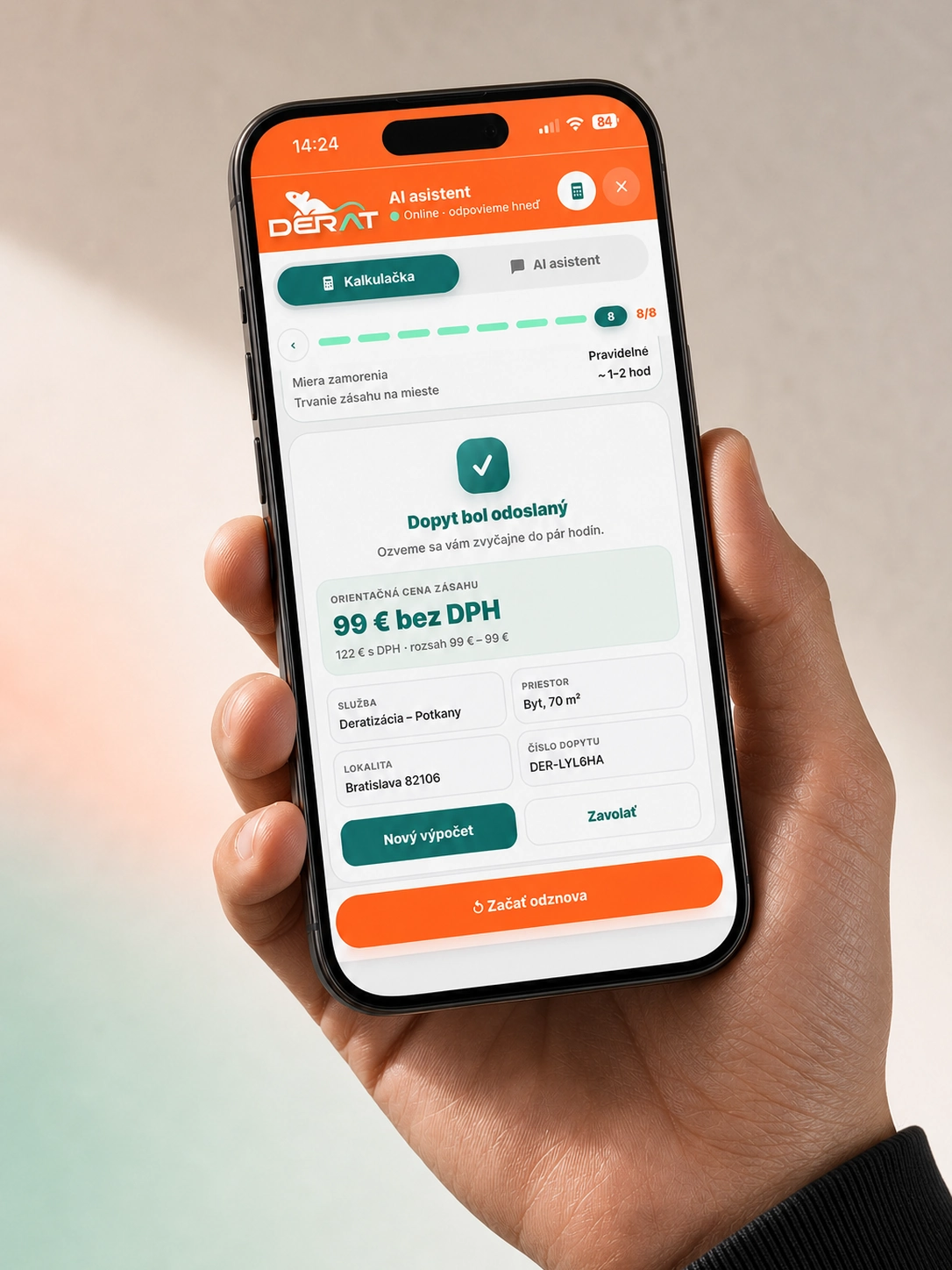 Mobilná ukážka výsledku kalkulačky DERAT s odhadovanou cenou