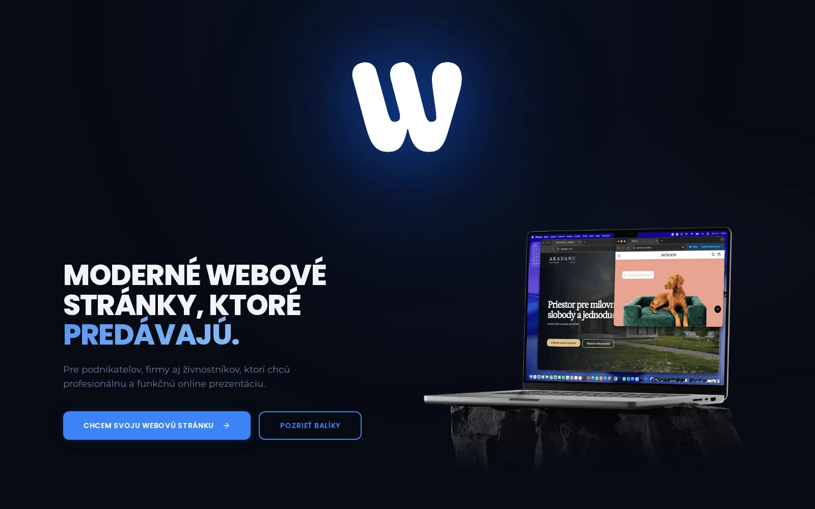 Tmavá domovská stránka WEBKO s ukážkou webových realizácií